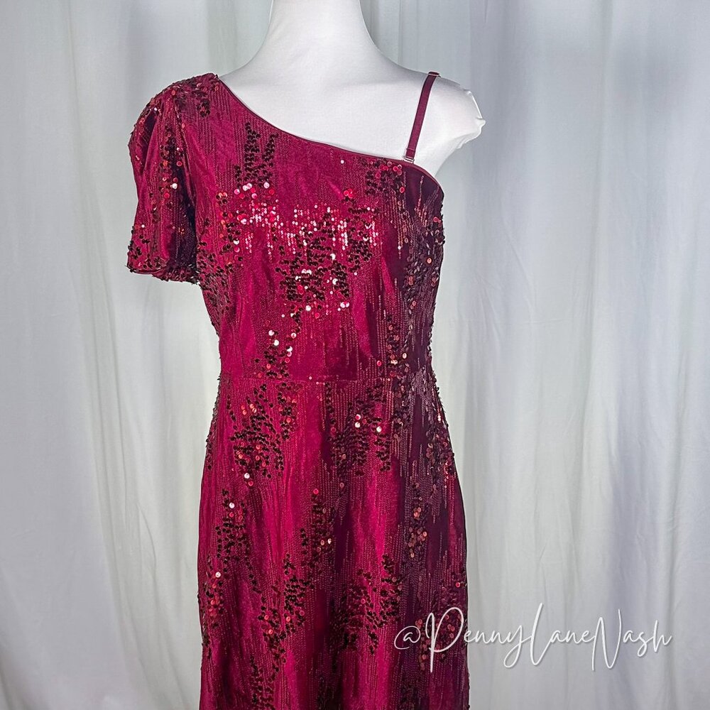 Kensie One-Shoulder Fit & Flare Sequin Velvet Formal Dress Burgundy - Picture 3 of 15